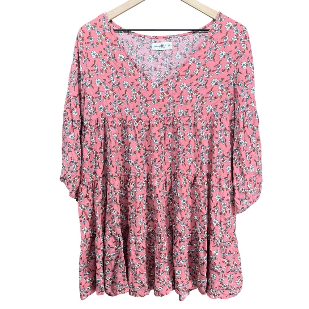 Natural Life Floral Tiered Tunic Top Womens Medium Pink Boho V-Neck Bell Sleeve